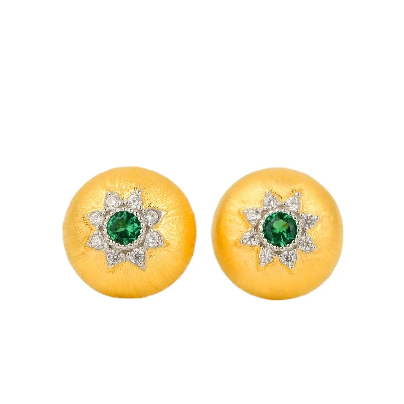 Luxury Palace Jewelry Petal Engraved Emeralds Color Stone S925 Sterling Silver Stud Earrings For girls