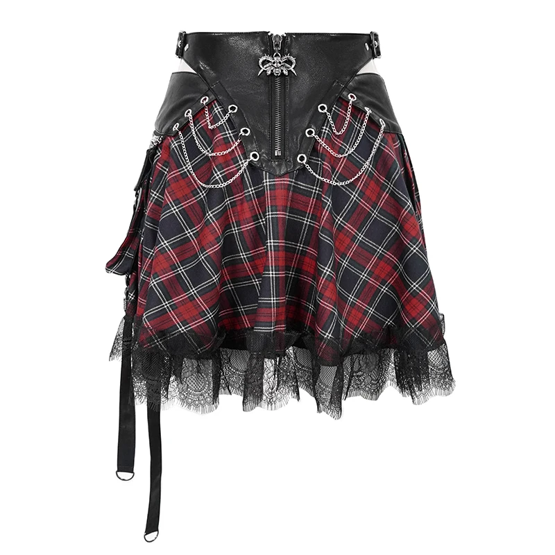SKT110 summer japanese fashion lace up leather waist Scottish plaid punk cute girls small Tartan skirt with bag