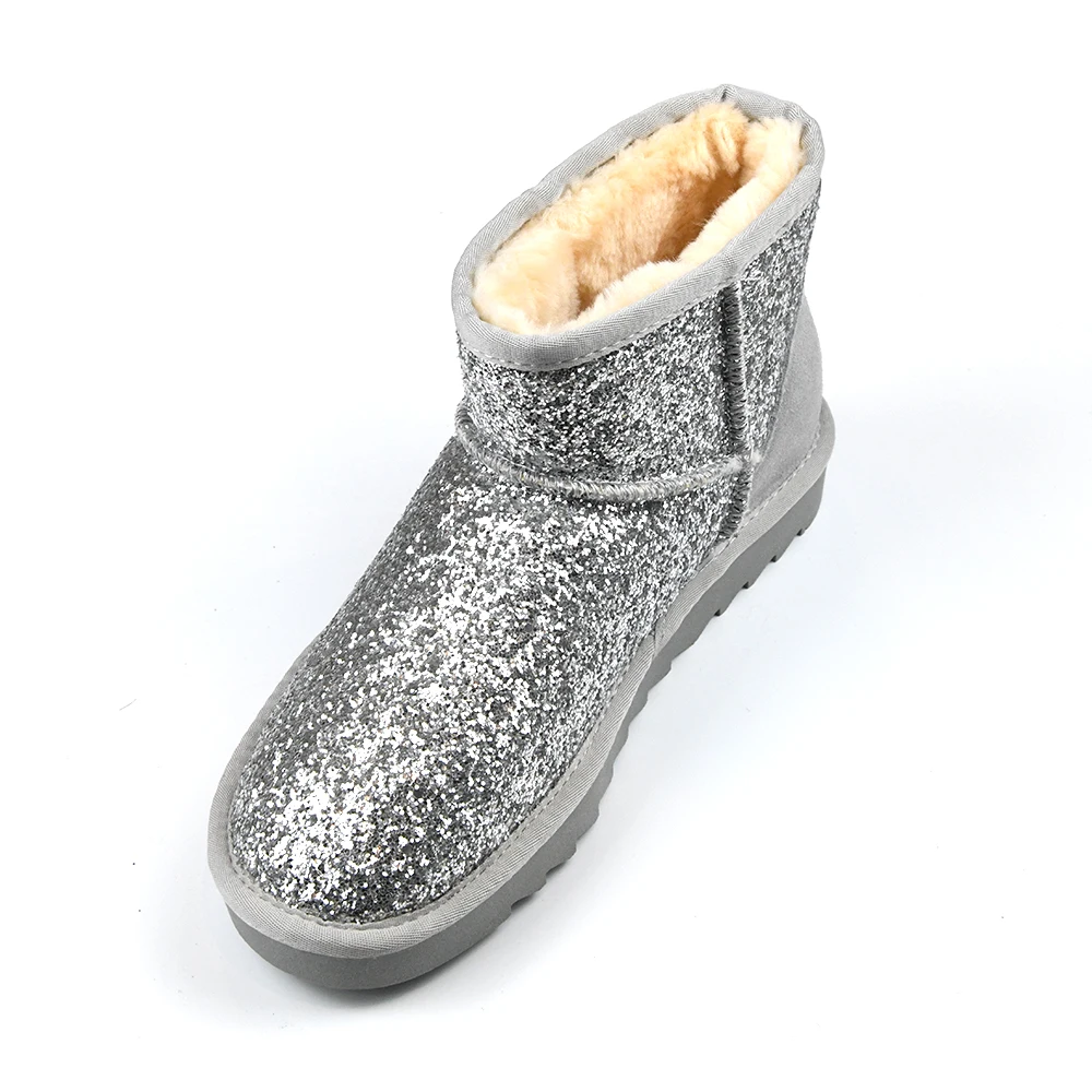 Fashion Trend Winter Warm Cracked sheepskin Glitter TPR Out sole  bling Indoor Slipper Ankle Snow Boots