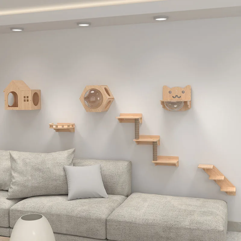 Wholesale cat tree cat springboard luxurious wood tree house natural furniture make tree wall mounted hut