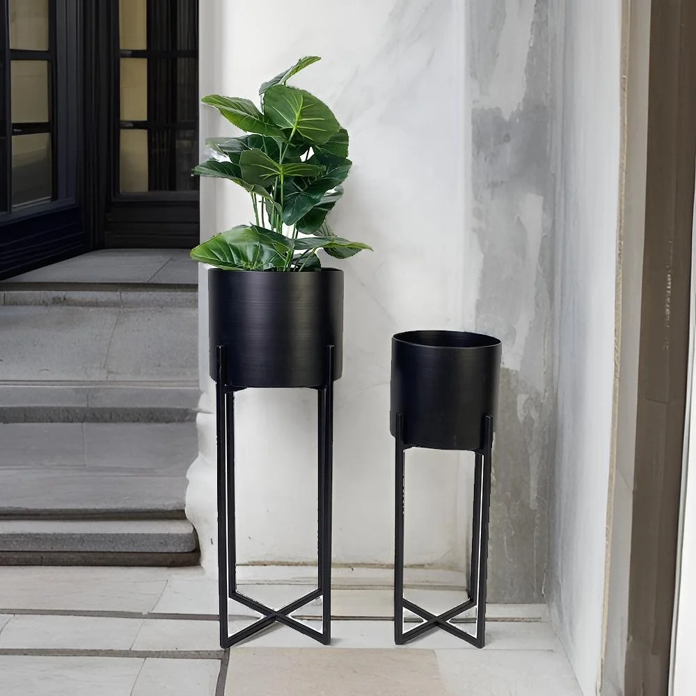 Lander Set of 2 modern minimalist industrial Black Metal Plant Stands with Pots Indoor Outdoor Decorative Metal Flower Pots