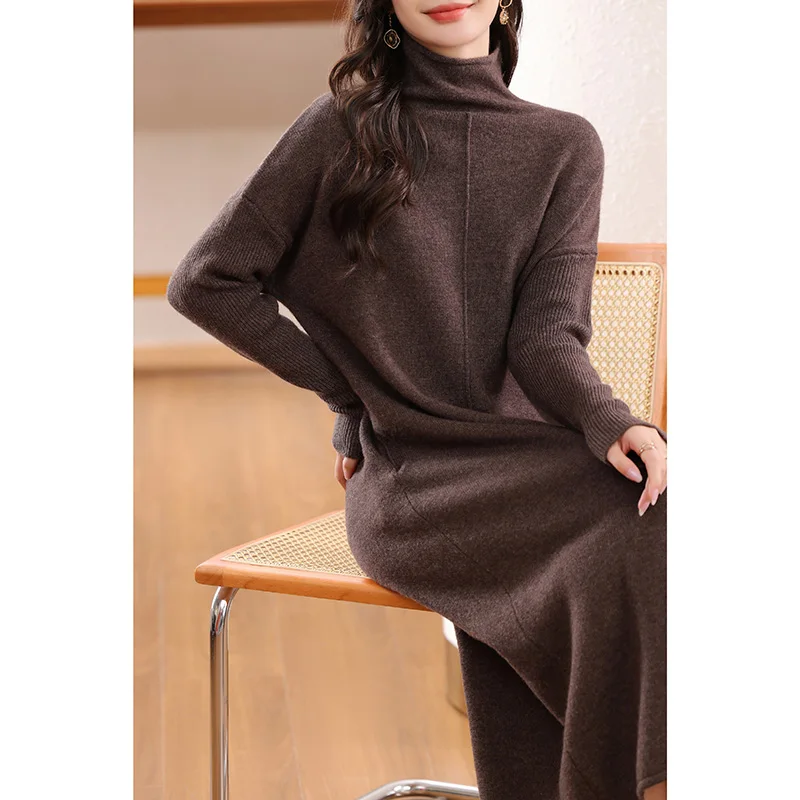 Hot-selling Loose Turtleneck Fashion Ladies Casual Pure Wool Sweater Dress Winter
