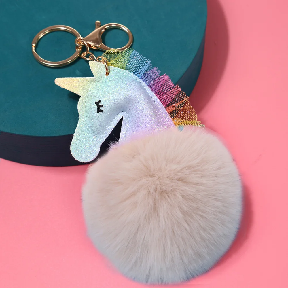 Mini Cartoon Cute Colorful Leather Fur Ball Horse Unicorn Plush Keychain Accessory Charm Keychain