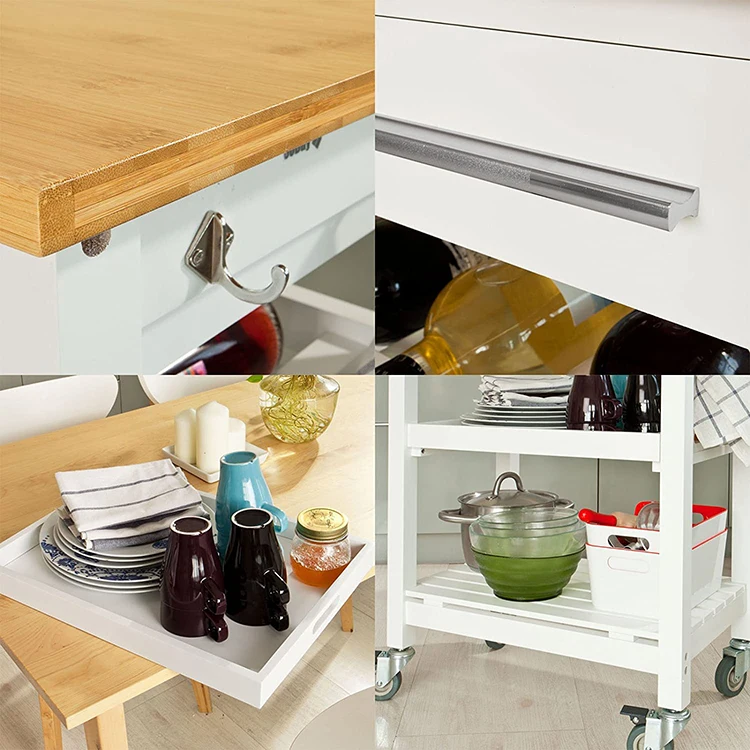 Kitchen Island Serving Cart WIth Wheels Drawer Shelf Wine Rack Rolling Kitchen Trolley Storage Cart with Utility Bamboo Tabletop