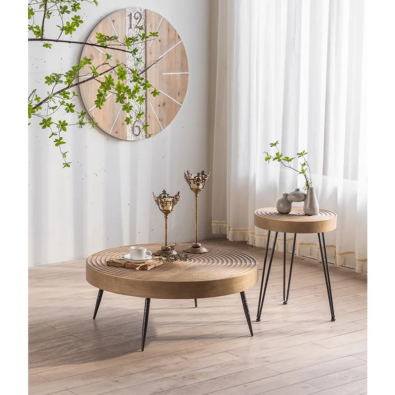 Japanese Small Living Room Side Table Set Rustic Mini Solid Wood End Coffee Table Oak Round Wooden End Side Table