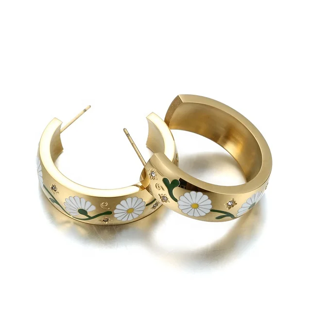 Yiwu Aceon Stainless Steel Wide Open Cuff Domed Surface C Shape Custom Engraved Vivid Flower Enamel Earring Cuff Stud