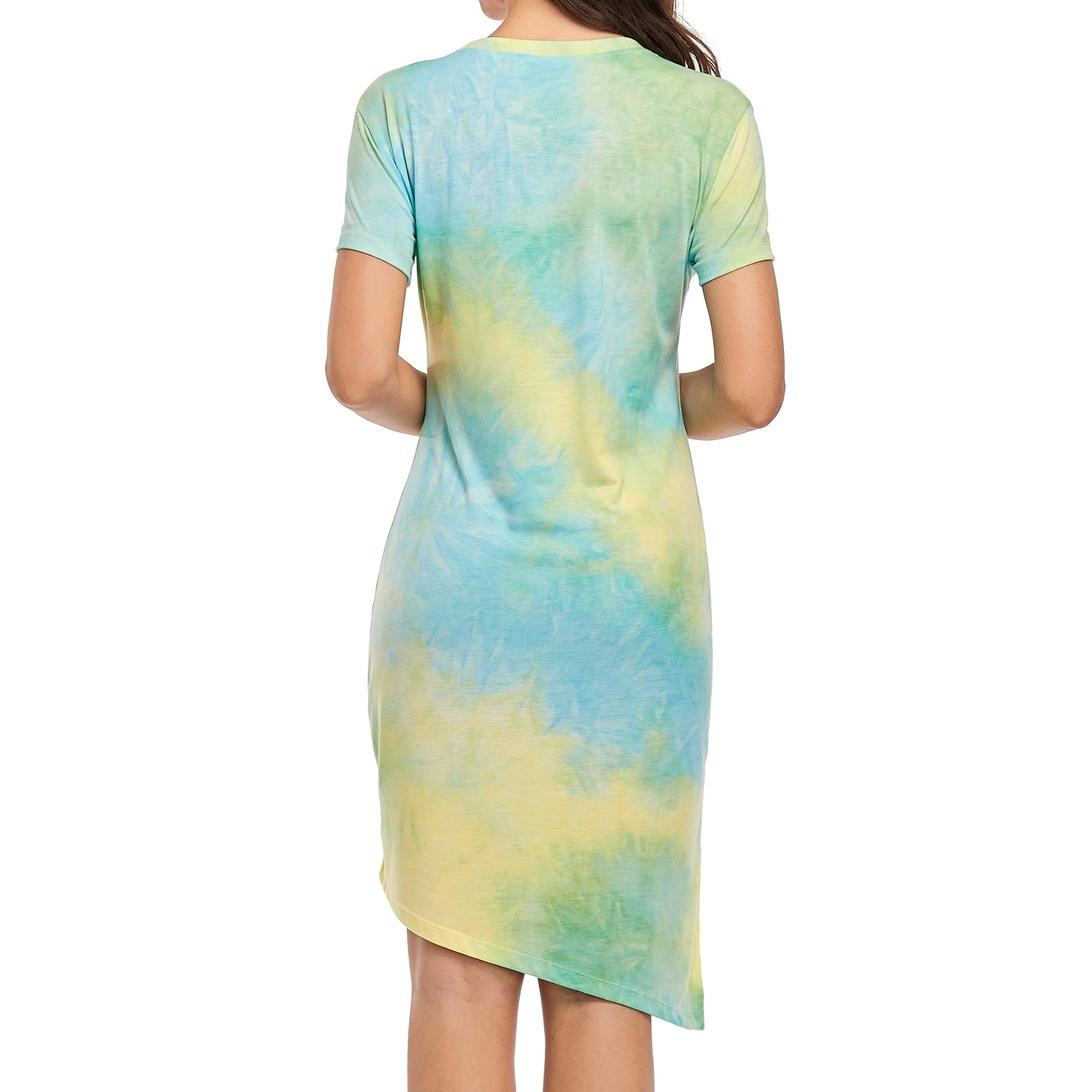Factory Wholesale Asymmetric Hem Shorts Sleeve Tie Dye Midi Dress Casual Dresses Women Summer OEM Designs Print Knitted 7 Days