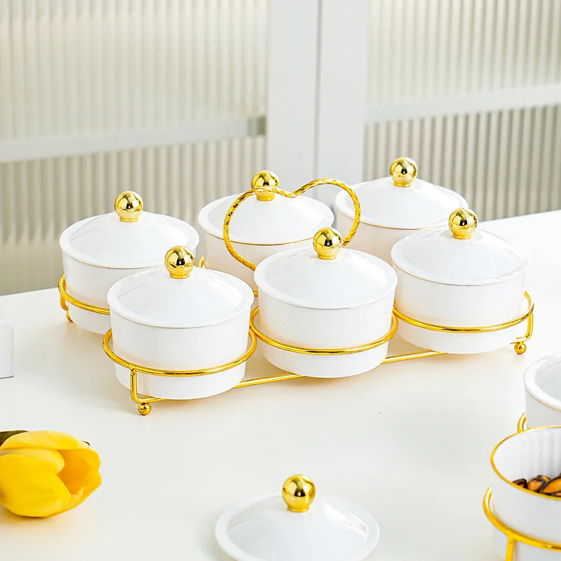 Light Luxury Divided Dim Sum Refreshment Tray with Lid Fruit Melon Sown Snack Dried and Nut Plate for High-end Living Room