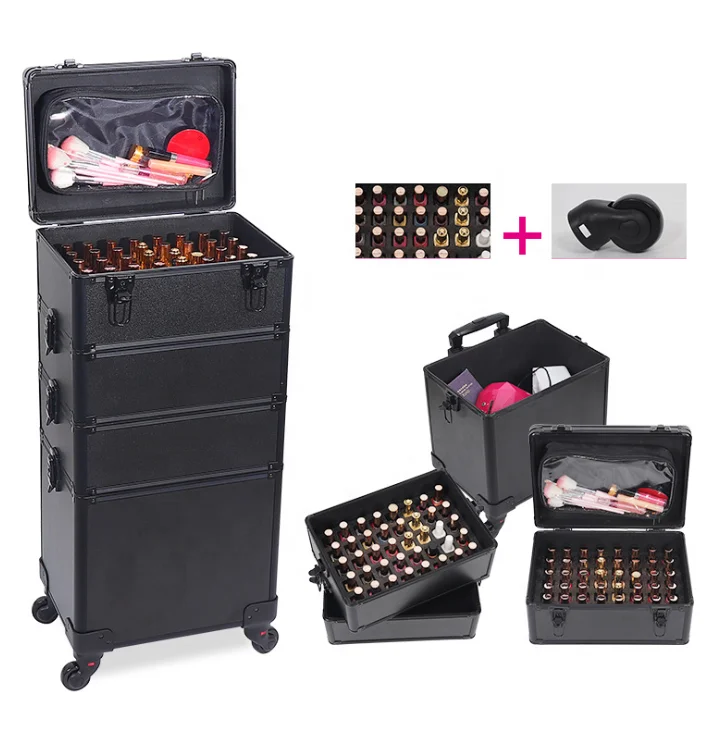 Aluminum Trim big Rolling Makeup Case Trolley large capacity box 3 layers 4 layers with wheels and pull rod