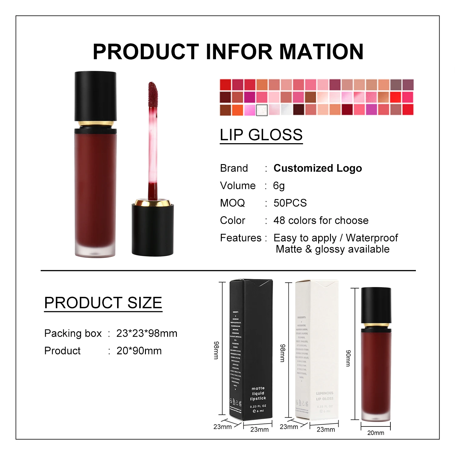 Private Label Vegan 48 Colors Liquid Lipstick Organic Luxury Long Lasting Lipgloss Glossy and Matte Lip Gloss Lip Gloss Supplier