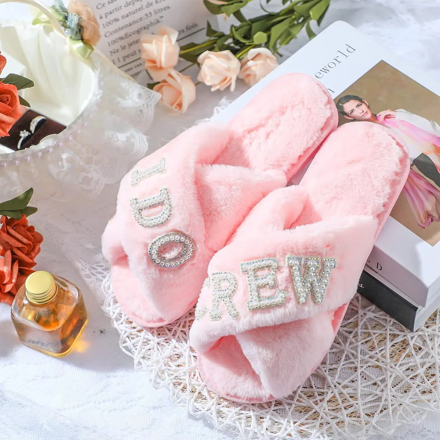 Popular Design Open Toe Plush Fluffy Slippers Customized Logo Bride Wedding Slippers