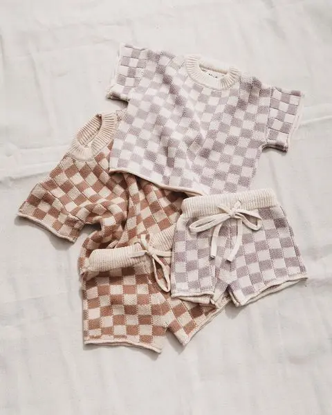 Popular Custom Plaid Unisex Style Short Sleeve Knit Sets Boys and Girls Baby Shorts Checkerboard Two Pieces Set