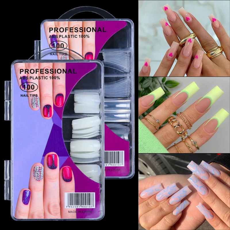 10 kinds size Natural Transparent 100 pieces nail tip with box French Full & Half Cover Fingernail ABS Artificial nails