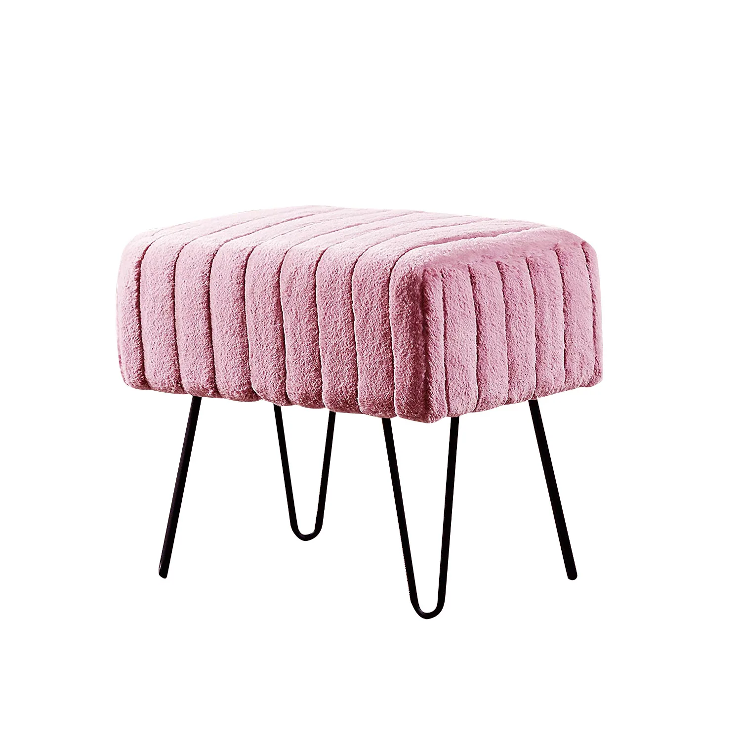 Pink Upholstered Velvet Ottoman with Black Legs Metal Base Living Room Bedroom Hallway Modern Faux Fur Bench Ottoman