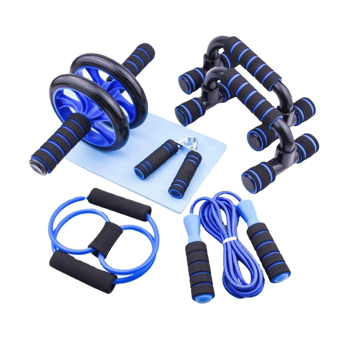 
6-in-1 AB Wheel Roller Set with Push Up Bars Resistance Bands Jump Rope Hand Exerciser Knee Mat 