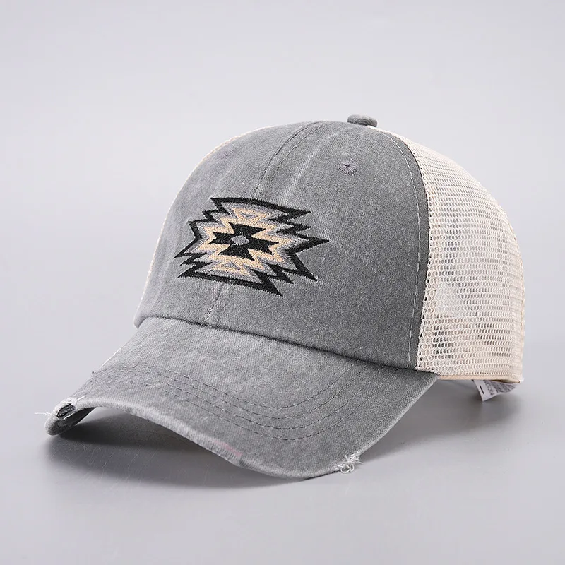 Embroidery Aztec High Pony Baseball Hat Mesh Hat Washed Cotton Distressed Baseball Cap Ponytail Hats Sunhat Custom Logo
