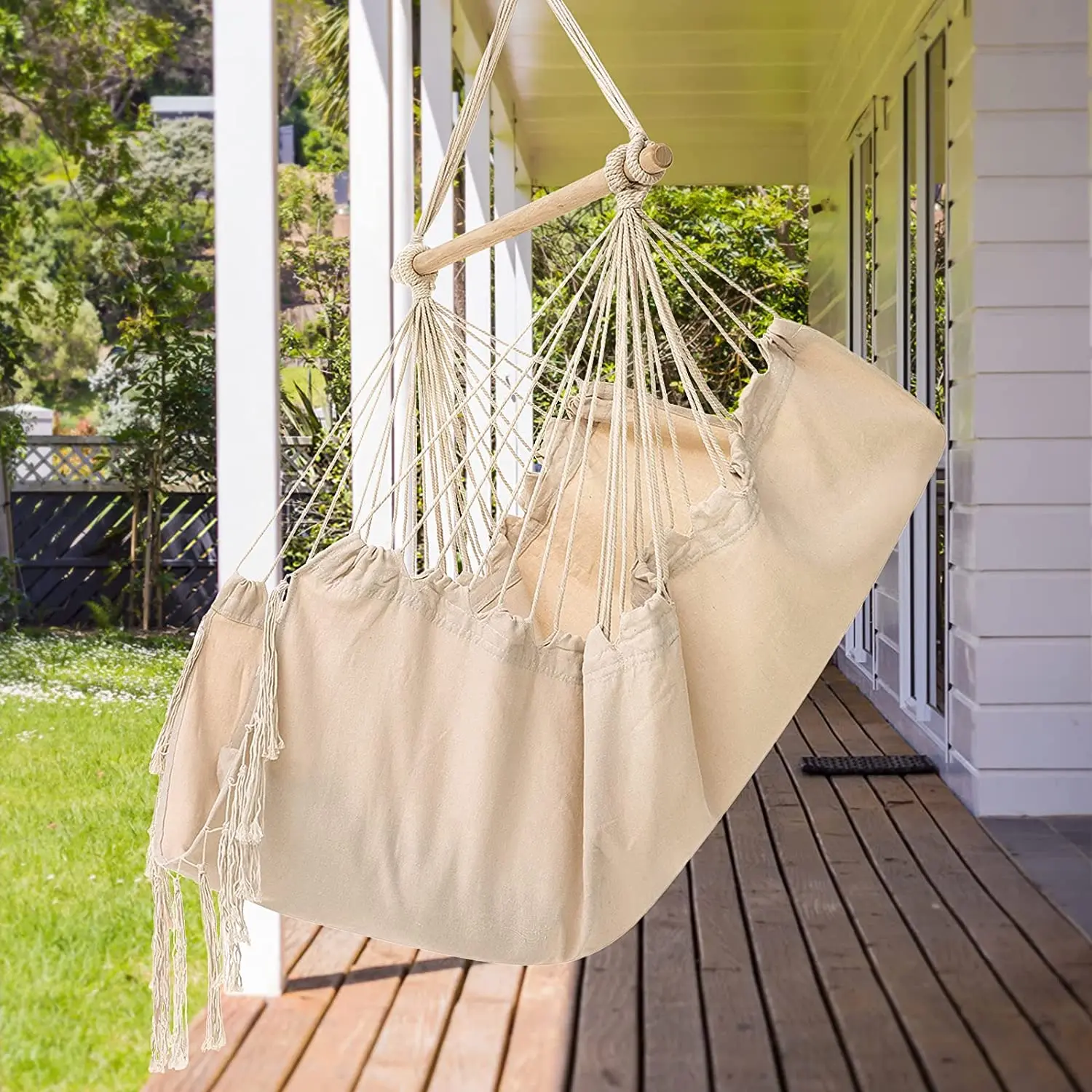 Outdoor Furniture Modern Swing Chair With Wooden For Garden Hanging Chair With Rope For Adult Have Tassel And Cotton Fabric