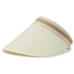 Sunproof Fashion Summer Solid Adult Women Wide Brim Soft Panama Beach Cap Girls Daisy Straw Empty Sun Visor empty top straw hat