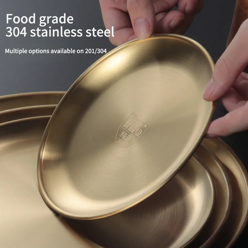 Commercial tableware Gold Plates Round Plate Sets Dinnerware Stainless Steel Plate For Restaurant