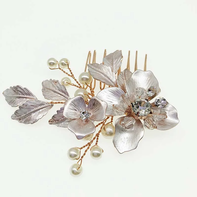 SHSS2074  handmade pearl bridal hair comb leaf branch gold wedding hair clip bride accessories