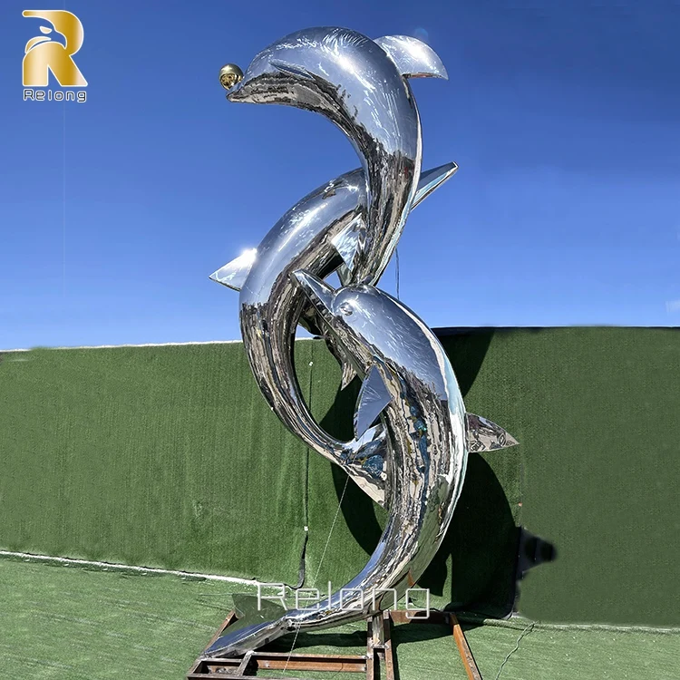 Outdoor Ornament Metal Marine Animal Statue Stainless Steel Dolphin Sculpture