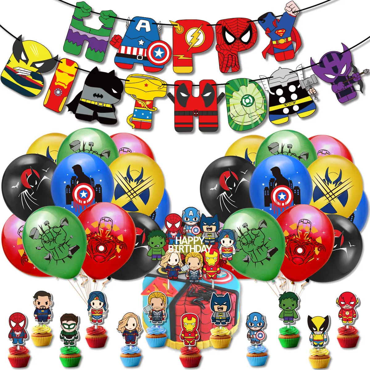 Spider-Man Super League of Legends Party Decoration Children Birthday Pulling Banner Cake Inserting Card Balloon Set Layout
