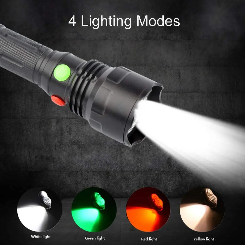  Tactical Outdoor 4-Colors Signal Light Magnetic Flashlight 1000LM Strong 18650 Rechargeable