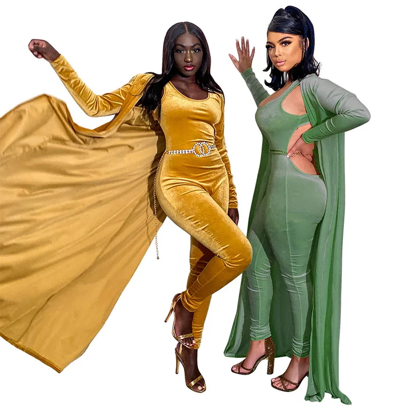 Elegant Velvet Two Piece Jumpsuit Set Long Sleeve Cardigan Strapless Romper Autumn Outdoor Suit