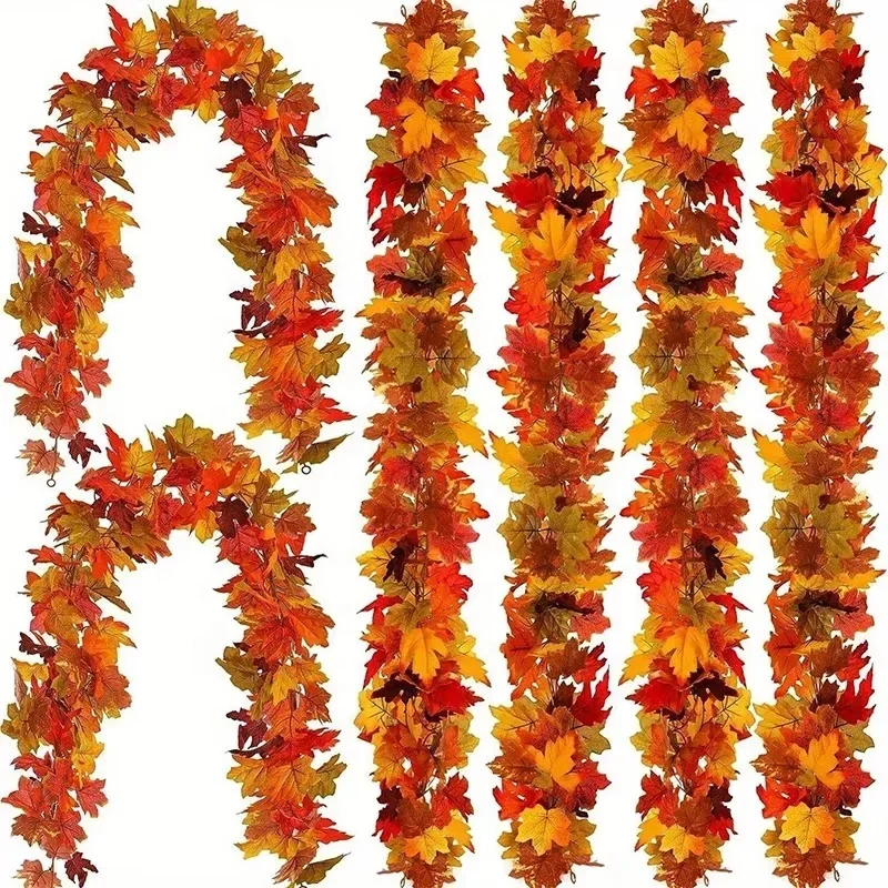 Artificial Autumn Maple Leaves Garland Vine Hanging Plant for Thanksgiving Halloween Fireplace Decoration Christmas Home Decor