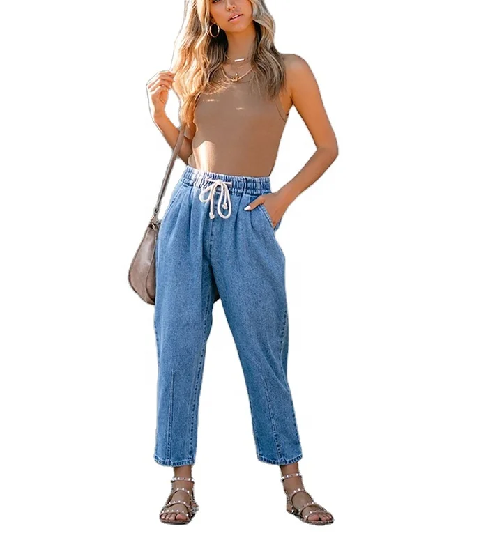 Free Shipping Fashion New Loose Cigarette Pants Lace-up Straight Trousers Ladies Denim Jeans