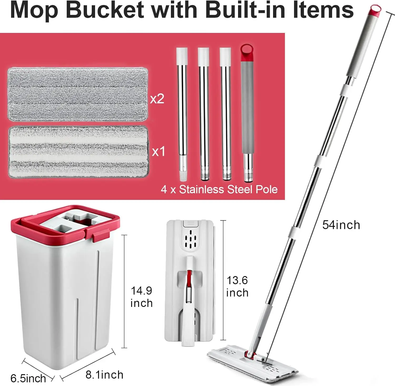 Wet and Dry Use Mop Set, 54in Long Handle Flat Mops for Hardwood Floor Cleaning,Tile bucket