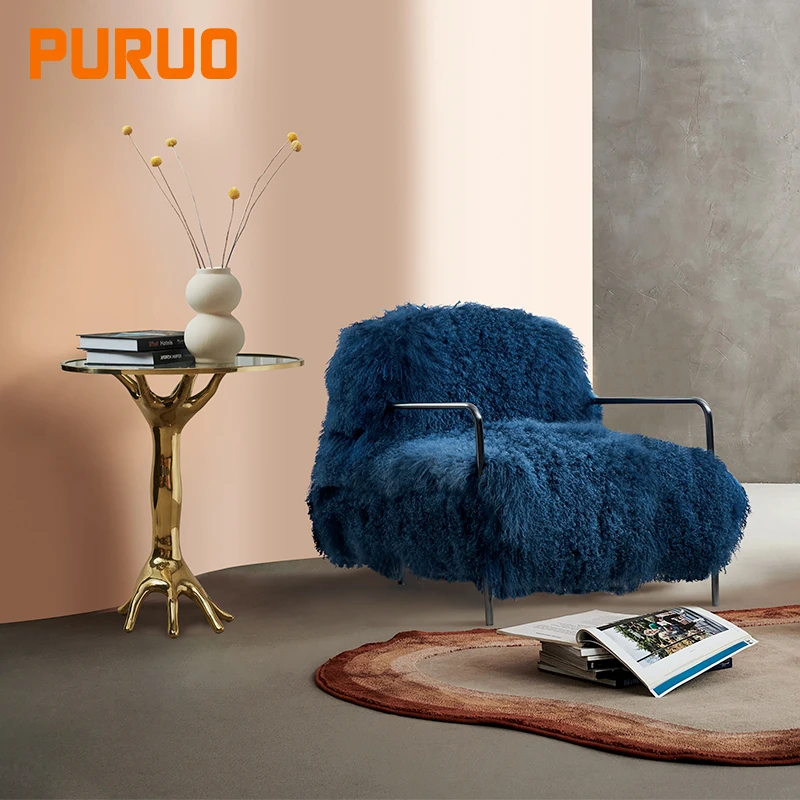 PURUO modern  black titanium stainless steel white sheep wool lounge leisure chair