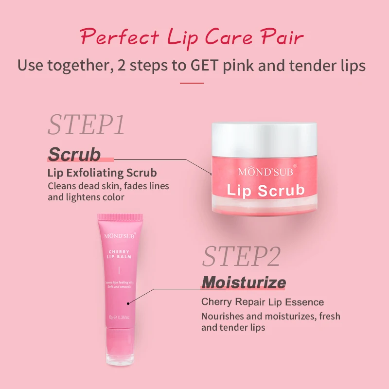 Custom Organic Fruit Cherry Vegan Exfoliating Pink Lip Scrub And Balm Set Moisturizing Lip Balm Mask Lip Care Kit