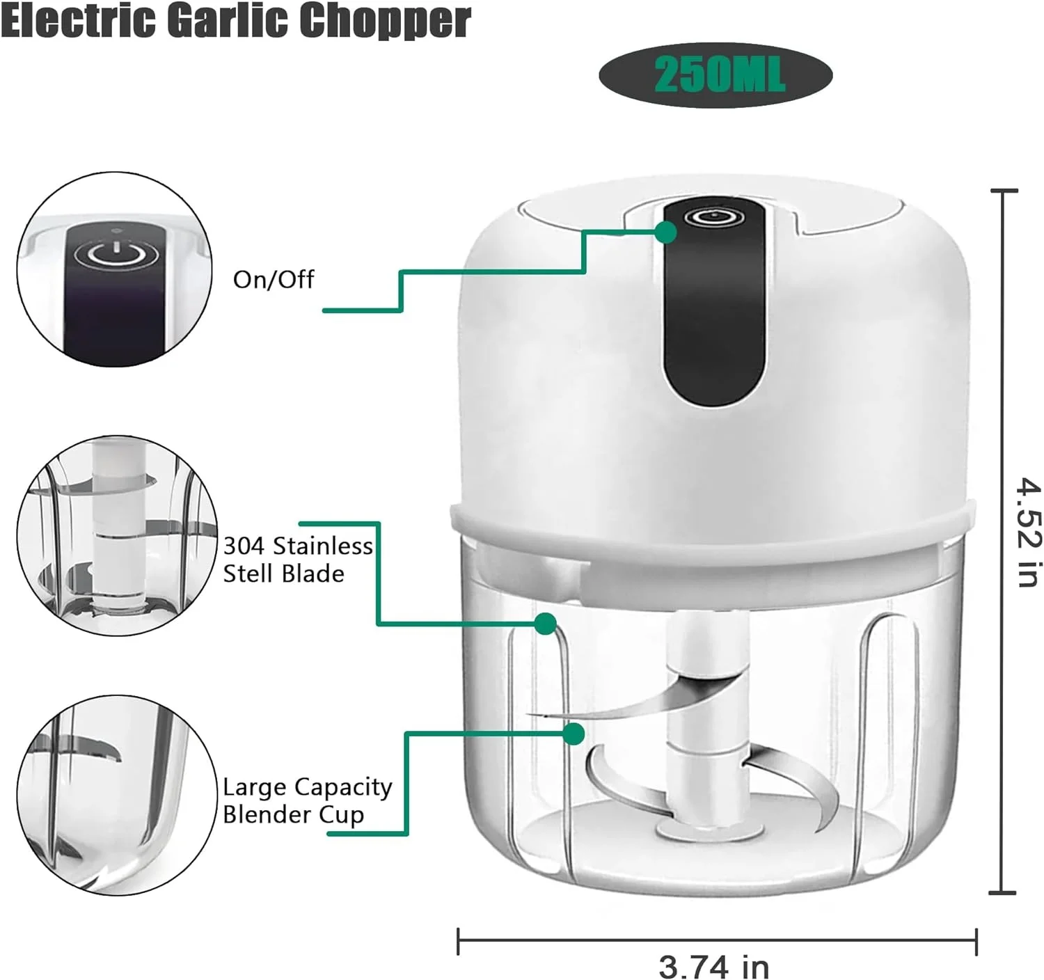 USB Rechargeable Electric Mini Food Processor Chopper Blender Garlic Vegetable Plastic Portable Cordless Steel Stainless Steel