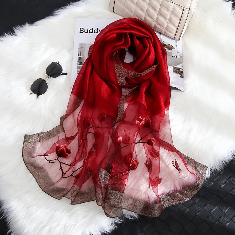  2021 Long Satin Silk Matte For Shawl Women Blended Pashmina Organza Scarf Kashmiri Luxury Embroidery Shawls