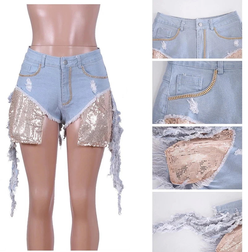 XINBO Wholesale Pantalones Cortos Para Mujeres Pockets Summer Sexy Trim Sequin Ripped Fringe Jean Denim Shorts For Women 2022