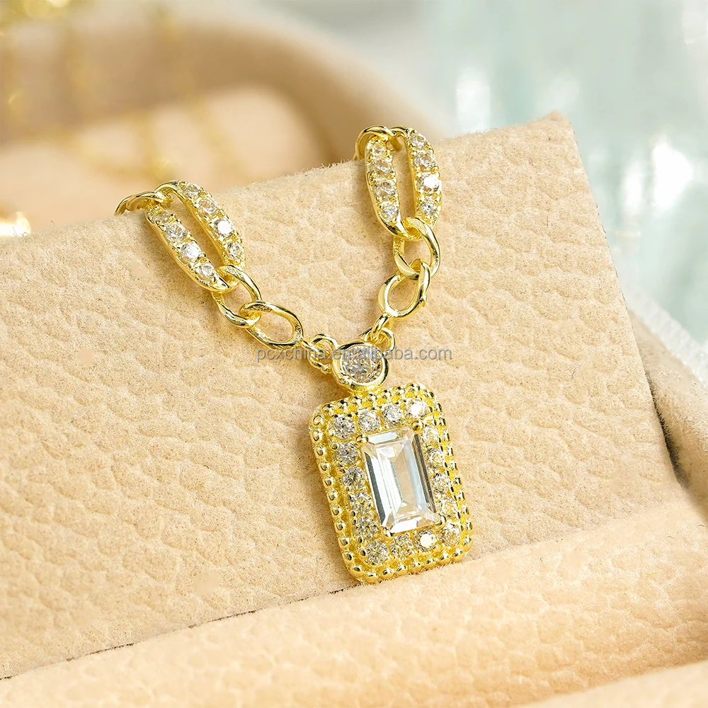 AU750 Hip Hop 18k Gold Jewelry Wholesale Vintage oro Chain Diamond zircon Crystal rectangle women irregularity Pendant 18k neck