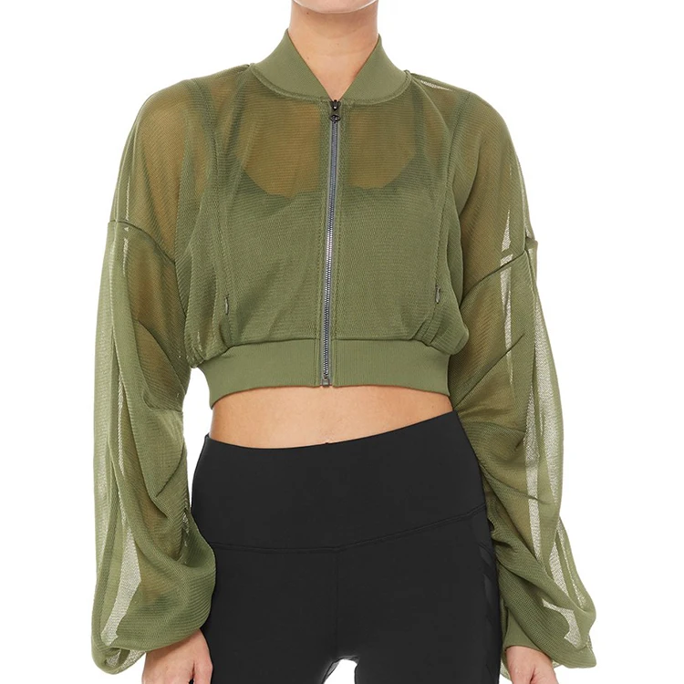 Hot summer Black gauze mesh long sleeve crop jacket  women fashion cropped sports jackets