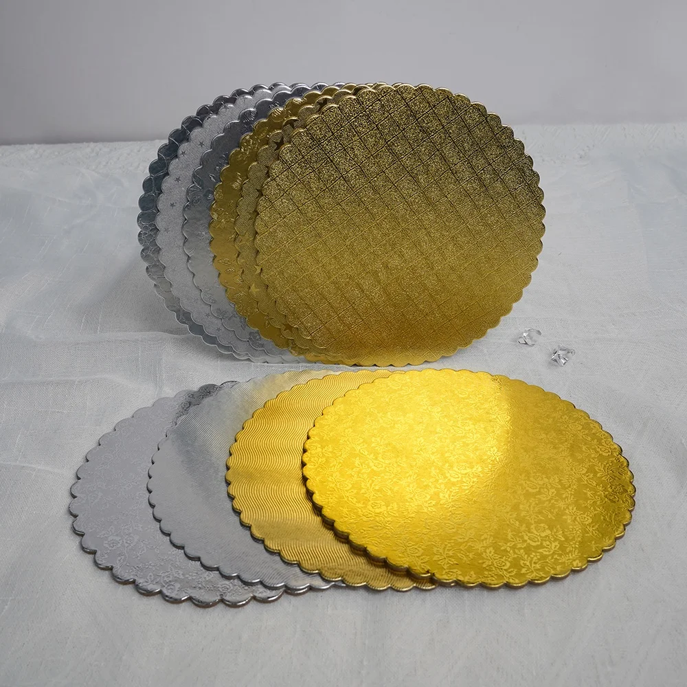 Cake Pad Flat Paper Plate Tray 8 10 12 14 inch Bakery Round Golden Scalloped Edge Waterproof Quality Good Cake Board