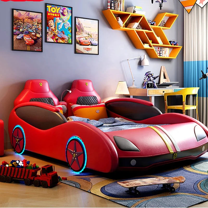 Modern house child led lamp speaker wooden bed frame bedroom furniture grils boys kids slide race cars beds children beds