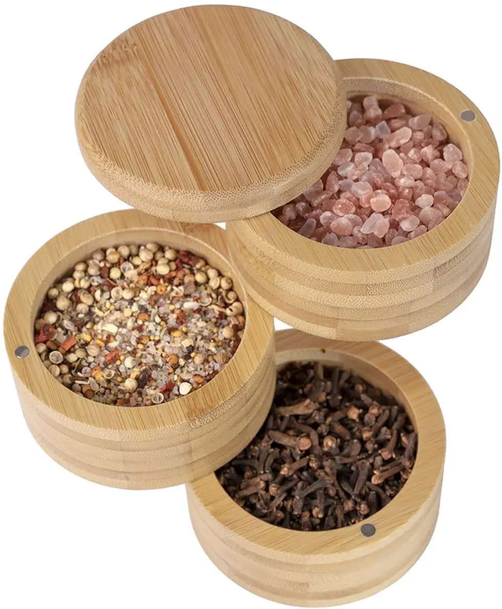 Storage Box With Removable Lid Triple Salt Boxes Three Tier With Magnetic Swivel Lids Wooden Bamboo Seasoning Pot