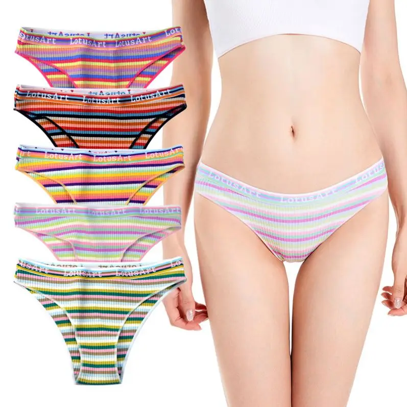 Wholesale Cotton Panties Female Girls Briefs Threaded Slip Underwear Thong Sexy Lingerie Striped Breathable Pantys Plus Size