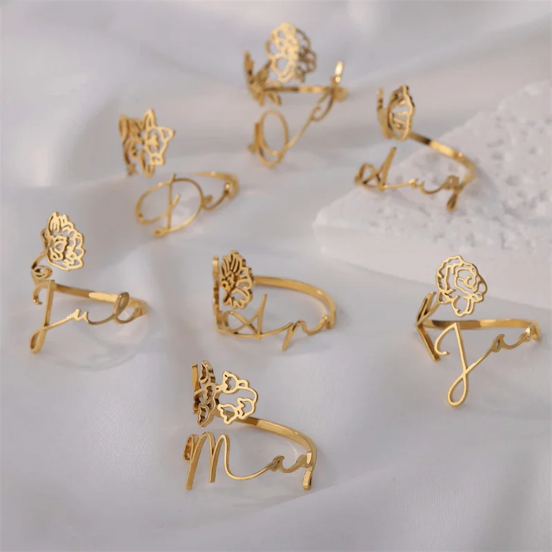 New Arrival Stainless Steel Engraved Month Initial Letter Ring Delicate Adjustable Hollow 12 Months Flower Birth Ring