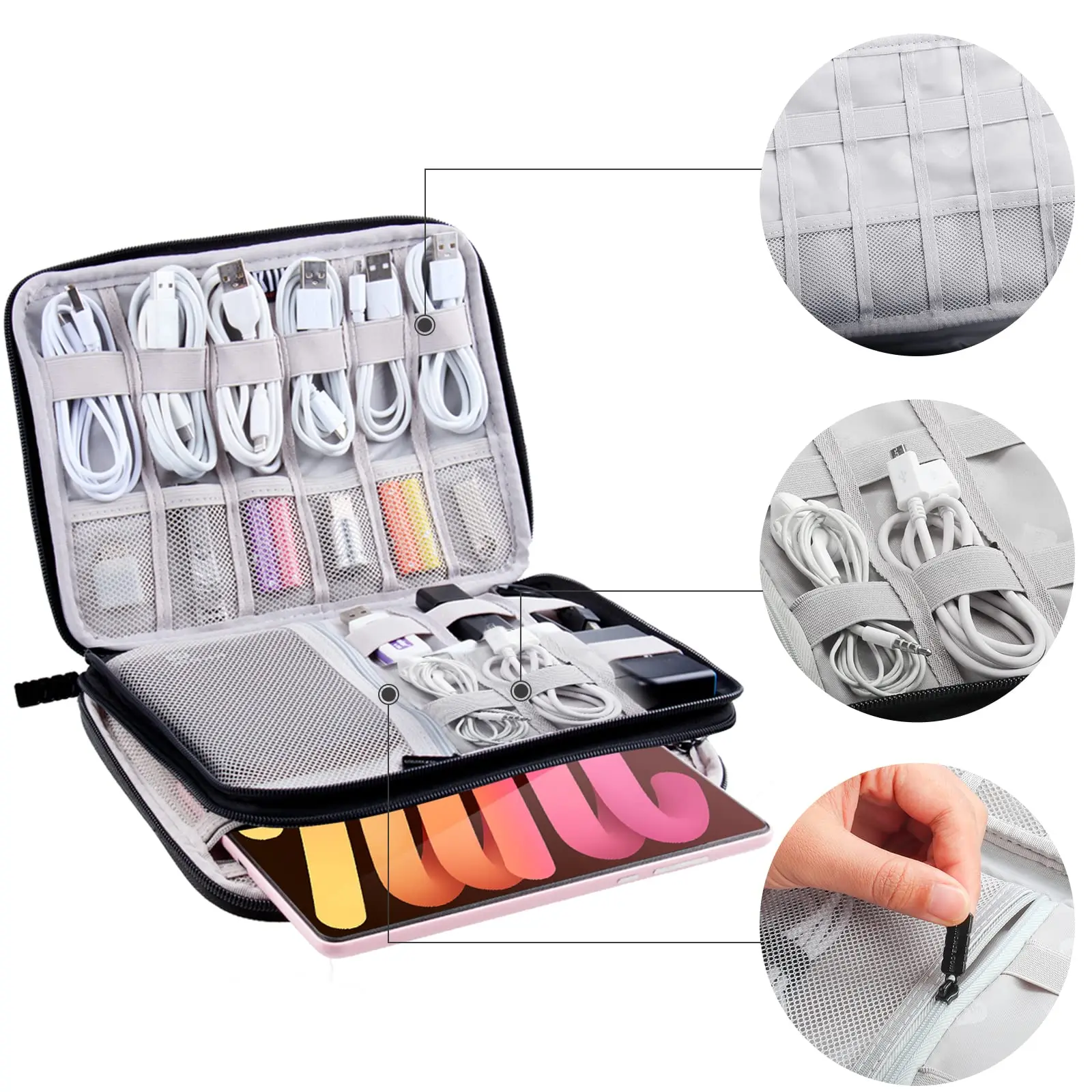 Haoen Travel Cable Organizer Bag - Water Resistant Pouch for Cords, iPhone, iPad - Gift for Men With 5 Cable Ties