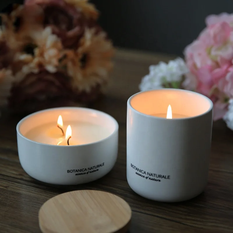 Wholesale custom 180ml 250ml Interior decoration freshener air ceramic candle jar with wooden lid