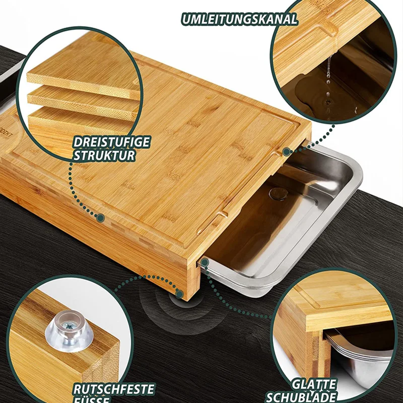 Factory wholesale price with stainless steel storage of multifunctional bamboo chopping board set