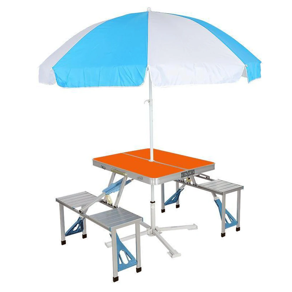 4-Seats Aluminum Alloy Portable Camping Fold Up Travel Picnic Beach Table Siamese Tables Chairs Set With Umbrella Hole