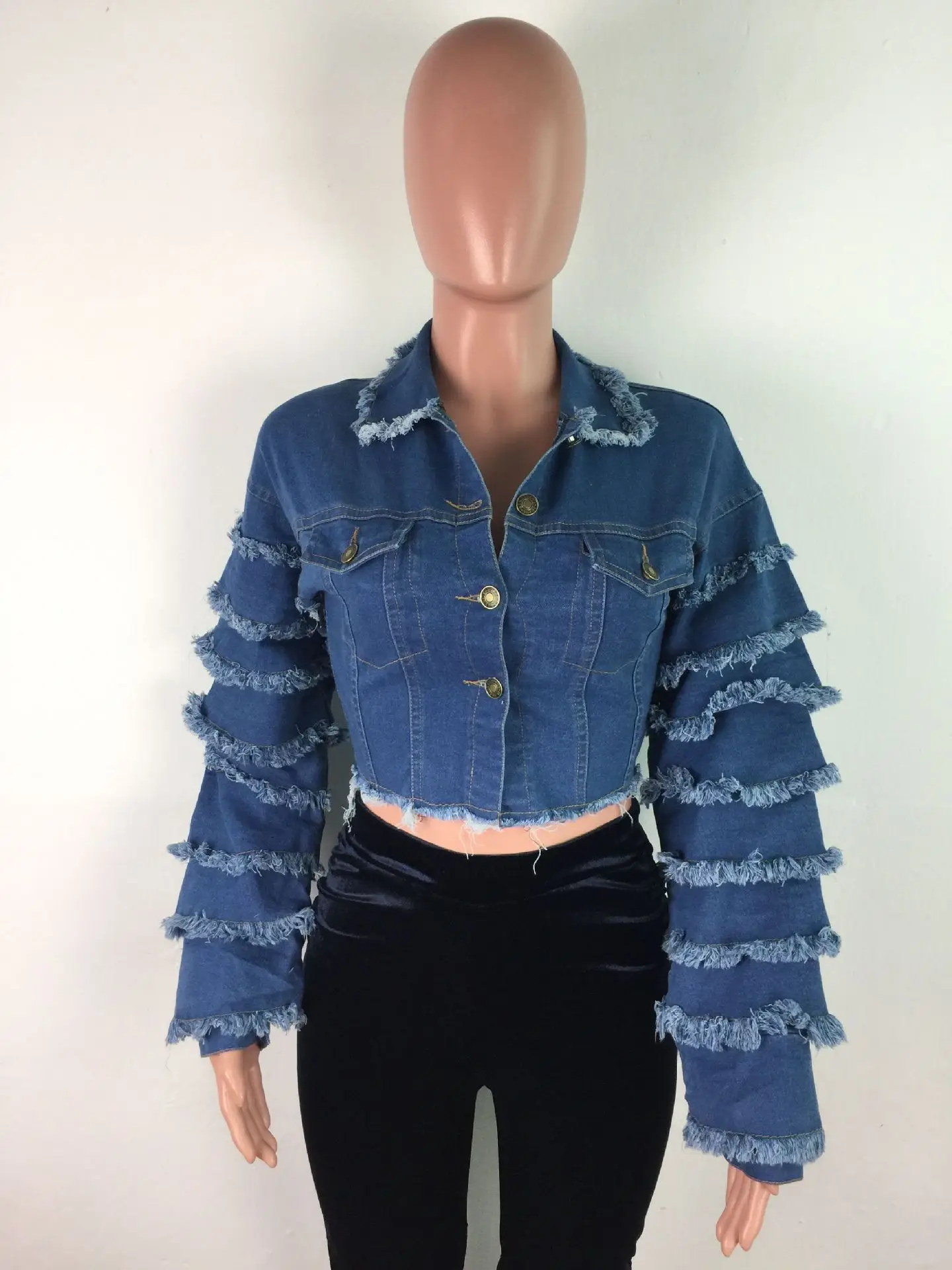 2021 New style ladies frayed fringe style blue denim jacket bell short-sleeved flared jeans jacket for women