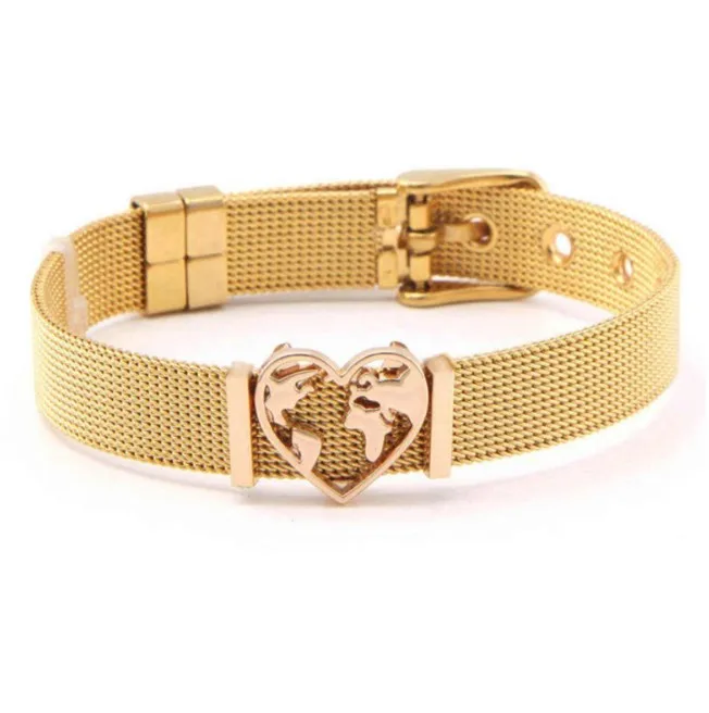 Gold keeper slide bracelet heart world map bracelet stainless steel watch strap bracelet