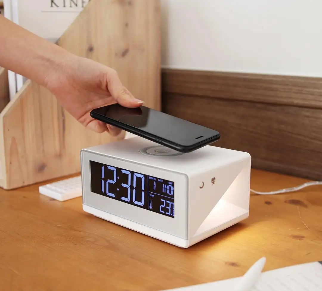 Home Decor Mini Bedside Lamp Digital Alarm Clock with Wireless Electric Charger Night Light Bedroom